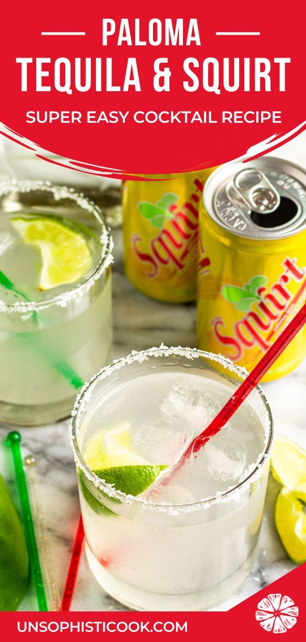 two glasses filled with lemonade and limeade next to cans of soda on a marble table