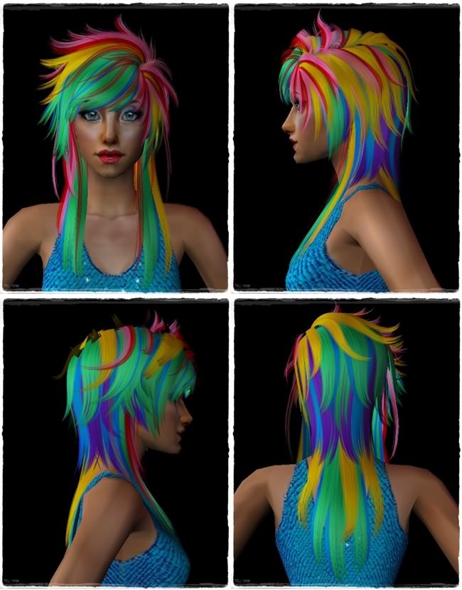 four different pictures of a woman with multicolored hair