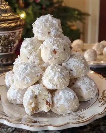 a pile of powdered sugar cookies sitting on top of a plate next to a christmas tree