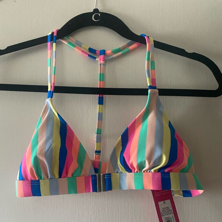 Colorful Striped Target Bikini Top Size Small New With Tags Multicolor Strappy Beachwear Swimwear, Strappy Multicolor Swimwear For Beach Party, Striped Stretch Triangle Top Swimwear, Multicolor Strappy Summer Swimwear, Multicolor Strappy Swimwear For Beach, Multicolor T-back Swimwear For Sunbathing, Pink Strappy Swimwear For Swimming, Multicolor Stretch Summer Swimwear, Multicolor T-back Swimwear For Beach Party