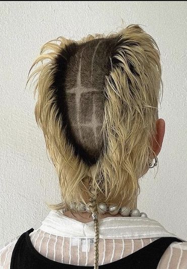 Double Mohawk, Double Rat Tail Hair, Reverse Mohawk, Deathhawk Down, Black And Blonde Mullet, Skullet Hair, Bleached Roots, Punk Mullet Shaved Sides, Bleach Blonde Mullet Man