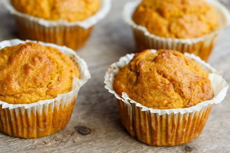 several muffins sitting on top of a wooden table