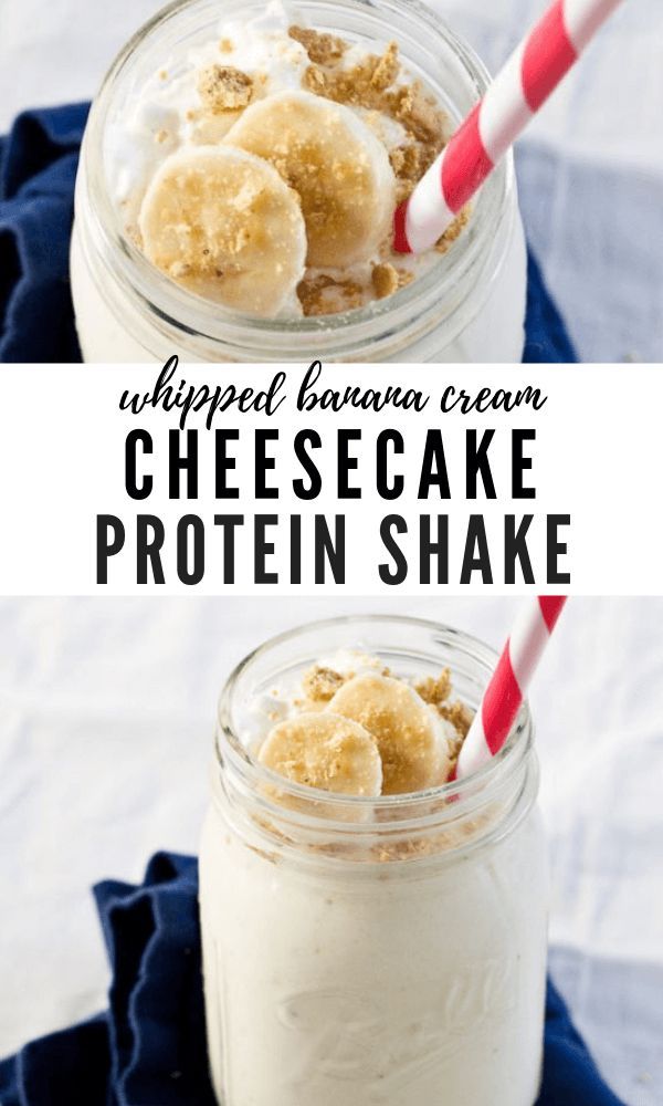 two mason jars filled with whipped banana cream cheesecake protein shake