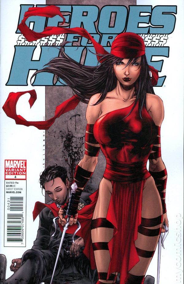 an image of a woman in red and black with swords on her head, standing next to a man