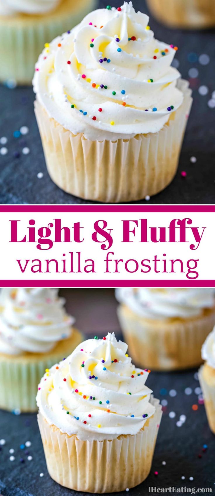 vanilla frosted cupcakes with white frosting and sprinkles on top