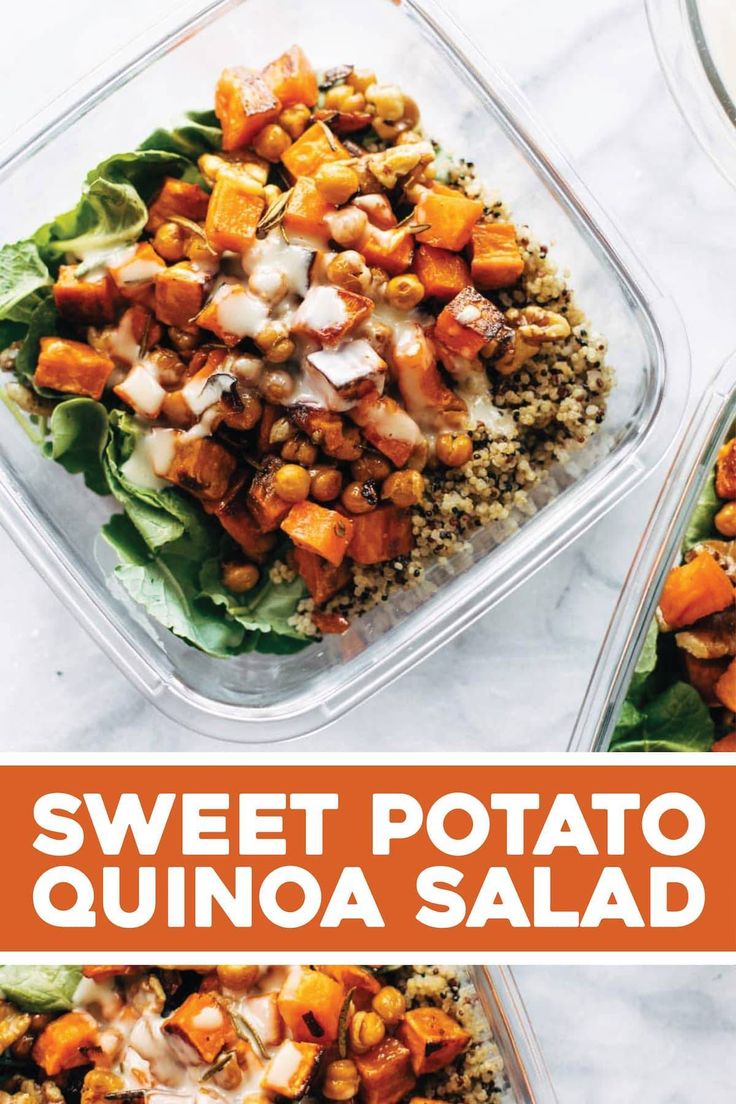 sweet potato quinoa salad in plastic containers on a marble countertop with text overlay