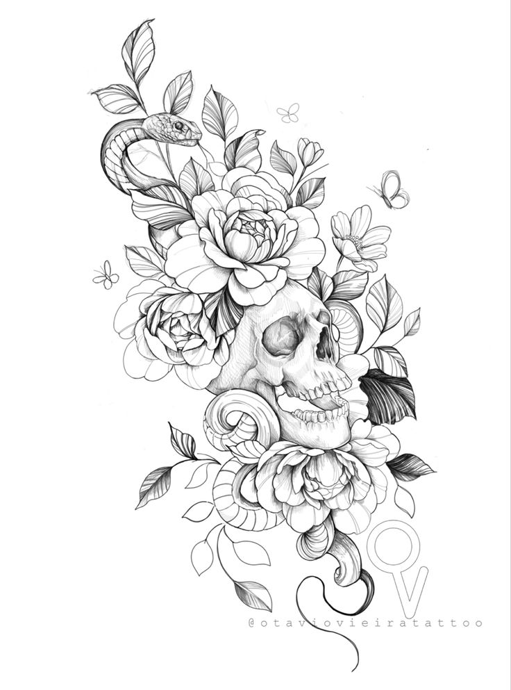 a skull and flowers tattoo design