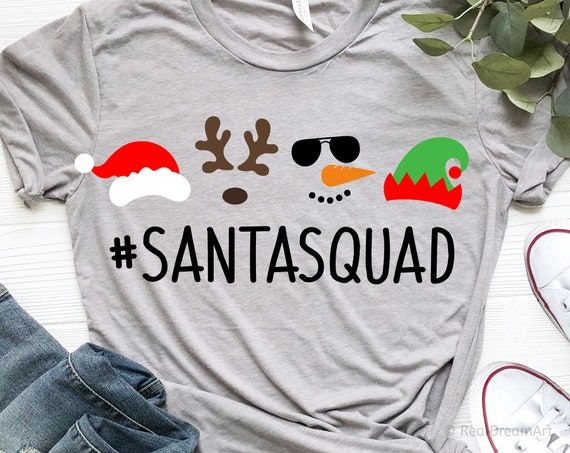 a t - shirt that says santasquad with two birds wearing christmas hats