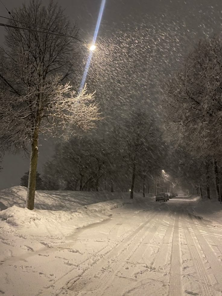 a car driving down a snow covered road next to trees and street lights at night