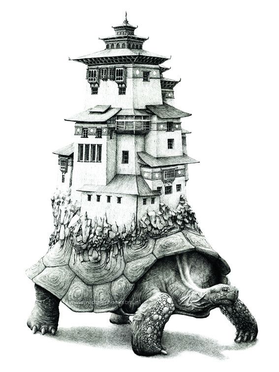 a drawing of a tortoise with a tower in the background