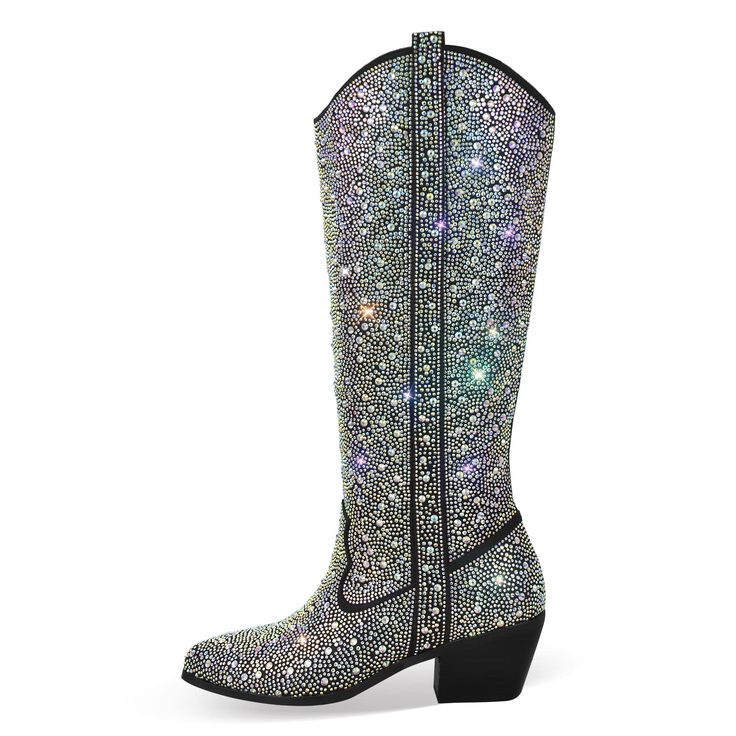 PRICES MAY VARY. Keep your style on-point and practical with these versatile and comfortable 2.5 inch chunky heel boots. With all rhinestones on the boots, these sparkly knee boots will make you the knock-out in the crowded Getting a chic and luxury look with these eye-catching tall boots Making a statement in these chunky style boots with an ultra-girly lace frock or feminine dress With the perfect height and classic design, these bling boots are ideal for both formal and casual occasions from Boot Bling, Black Knee High Boots, Western Booties, Chunky Heels Boots, Pu Heels, Block Heel Boots, Black Knees, Pull On Boots, Pointed Toe Heels