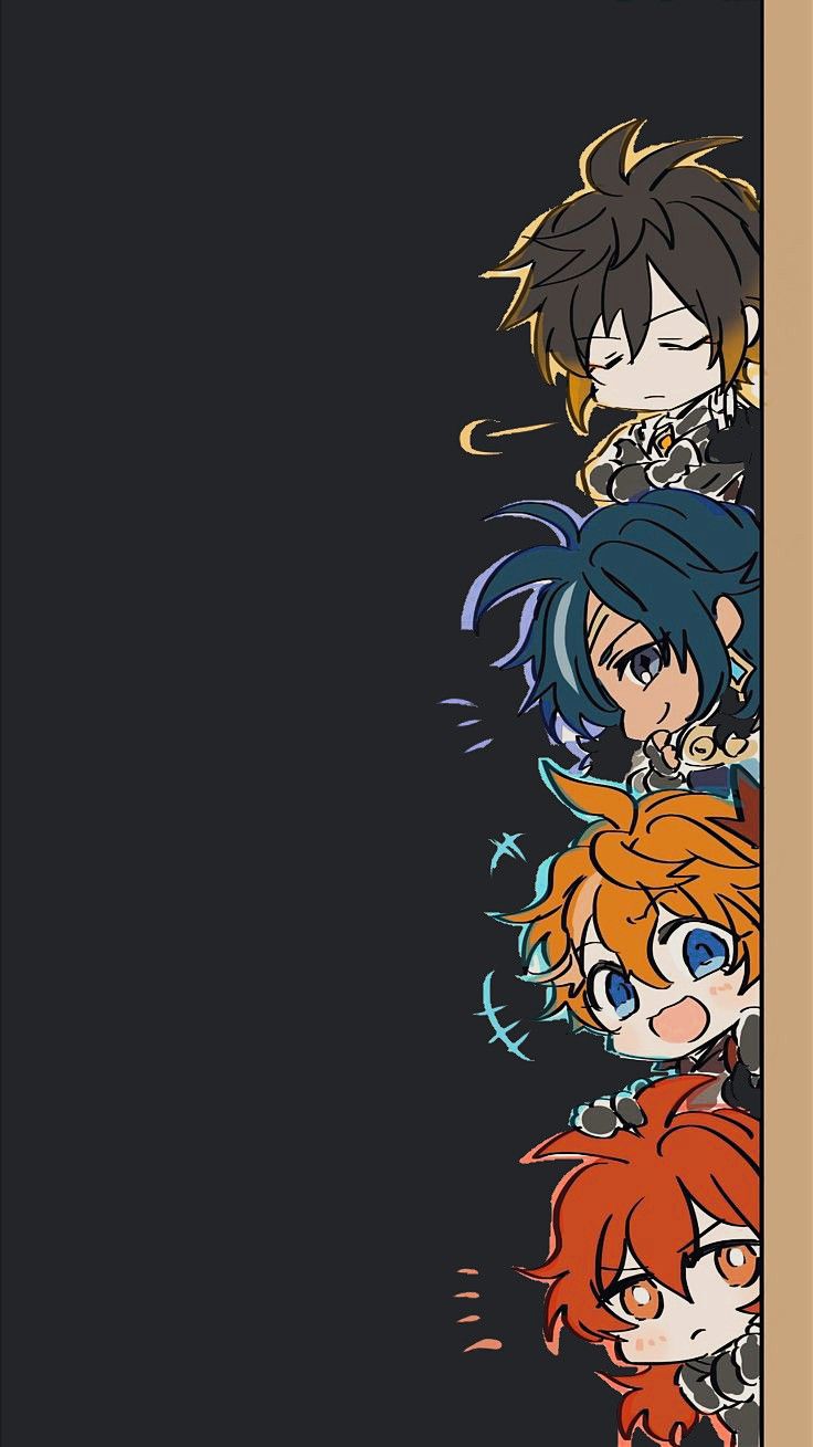 an anime poster with five different characters in the same group, all looking at something