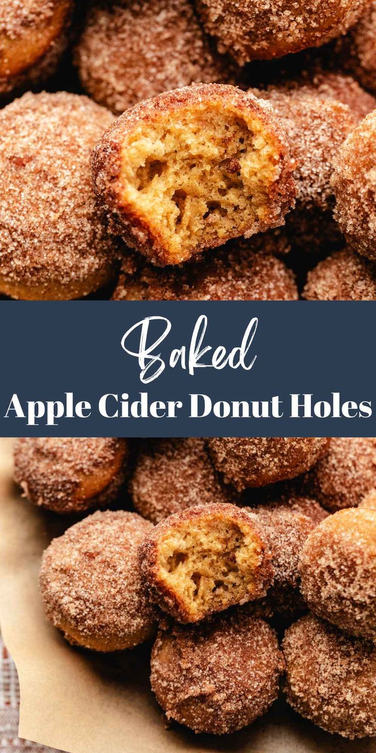 baked apple cider donut holes stacked on top of each other with text overlay