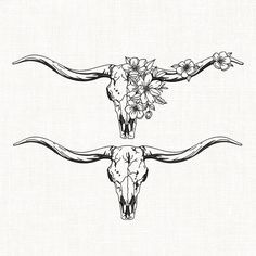 the longhorn skull is adorned with flowers and has two horns that are facing each other