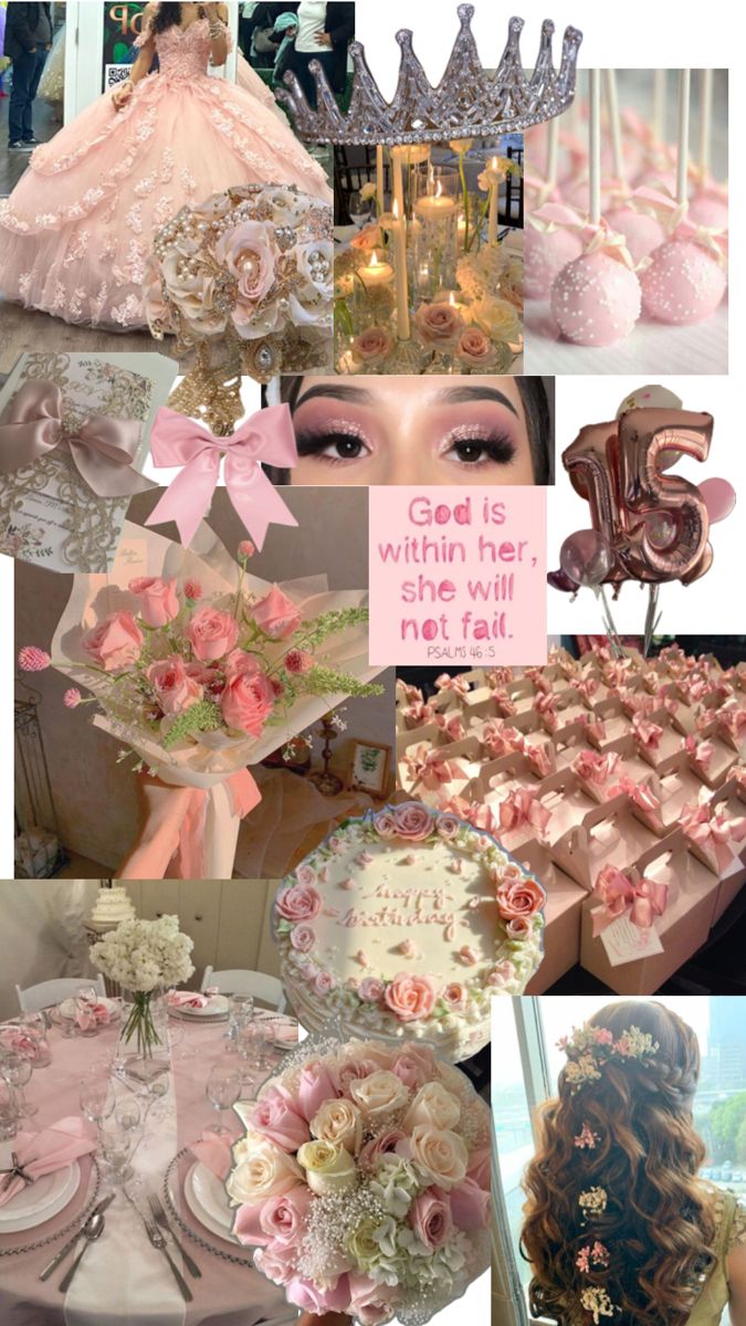 a collage of photos with pink and white flowers, cake, crown, balloons