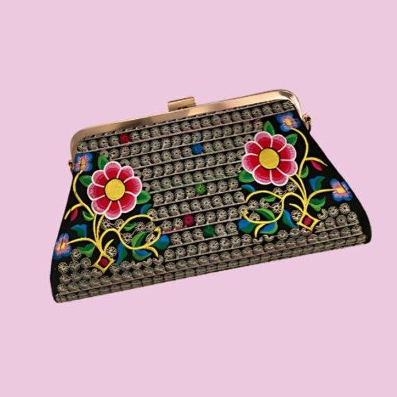 Beautiful Mexican embroidered floral design clutch with cotton strap. Two pockets inside and comes with black removable strap. Embroidered Clutch For Evening In Summer, Spring Evening Bag With Detachable Strap, Black Clutch Bag For Spring, Spring Evening Clutch With Detachable Strap, Embroidered Rectangular Clutch For Daily Use, Traditional Floral Embroidered Clutch For Everyday, Traditional Floral Embroidery Clutch For Everyday, Black Embroidered Bags For Summer, Spring Evening Clutch Embroidered