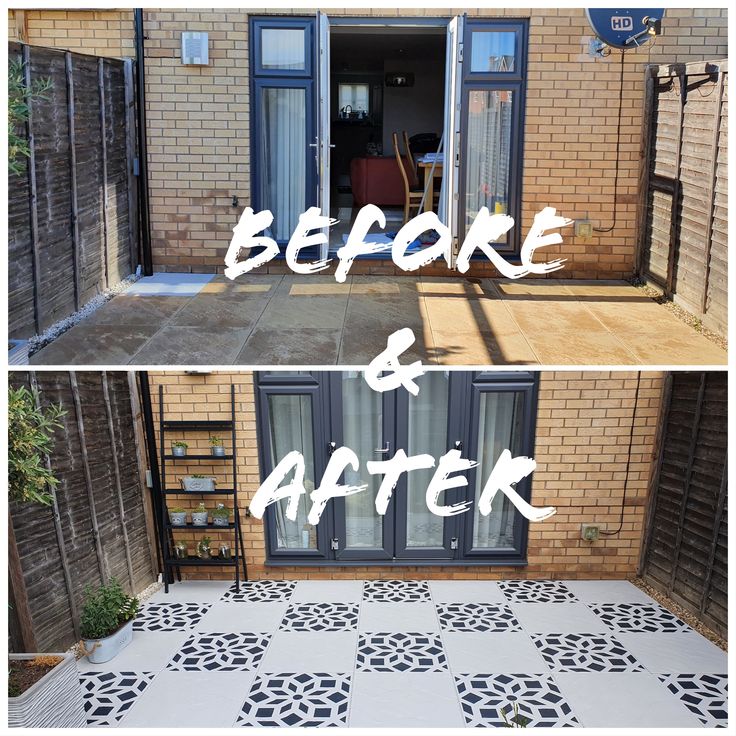 before and after photos of an outdoor patio with black and white tiles on the floor