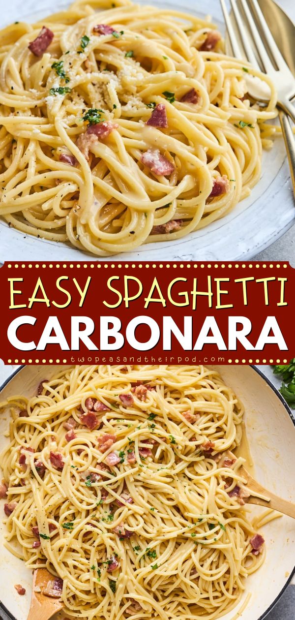 Here's a simple weeknight dinner recipe for you! This Spaghetti Carbonara is a classic pasta dish made with spaghetti, eggs, freshly-grated Pecorino Romano cheese, and bacon. Pin this delicious weeknight meal! Cabonara Recipes, Easy Carbonara Recipe, Bacon Carbonara, Chicken Carbonara Recipe, Spaghetti Carbonara Recipe, Spaghetti Recipes Easy, Pasta Carbonara Recipe, Chicken Carbonara, Best Spaghetti