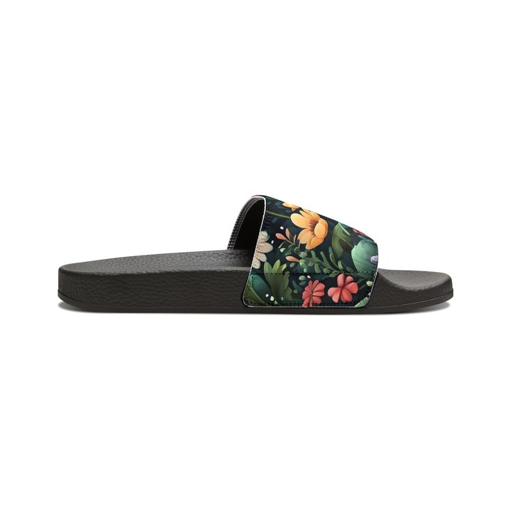 Take on the summer heat with style thanks to these personalized slide sandals for women. Made with PU outsoles and an edge-to-edge strap customization that will never peel, crack, or fade, these sandals feature a high-end quality factor comparable to household-name brands. The straps are made with neoprene and polyester to avoid chafing while the ergonomic sole keeps discomfort at bay. .: Material: 100% PU (polyurethane) outsoles / polyester & neoprene straps .: Black & white outsole color optio Casual Synthetic Sandals For Poolside, Casual Cushioned Sandals For Poolside, Comfortable Black Summer Mules, Spring Poolside Slides With Cushioned Footbed, Cushioned Slides For Poolside In Spring, Cushioned Slides For Poolside Spring, Chic Synthetic Slippers For Vacation, Chic Beach Slippers For Summer, Summer Slide Sandals With Cushioned Footbed