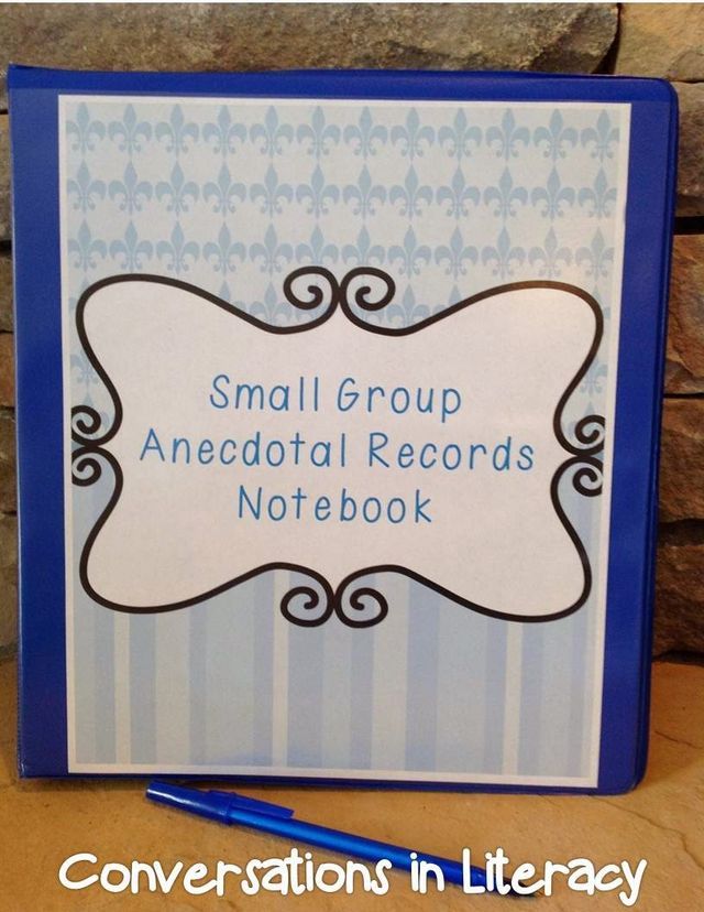 small group anecdotal records notebook with blue cover and black writing on it