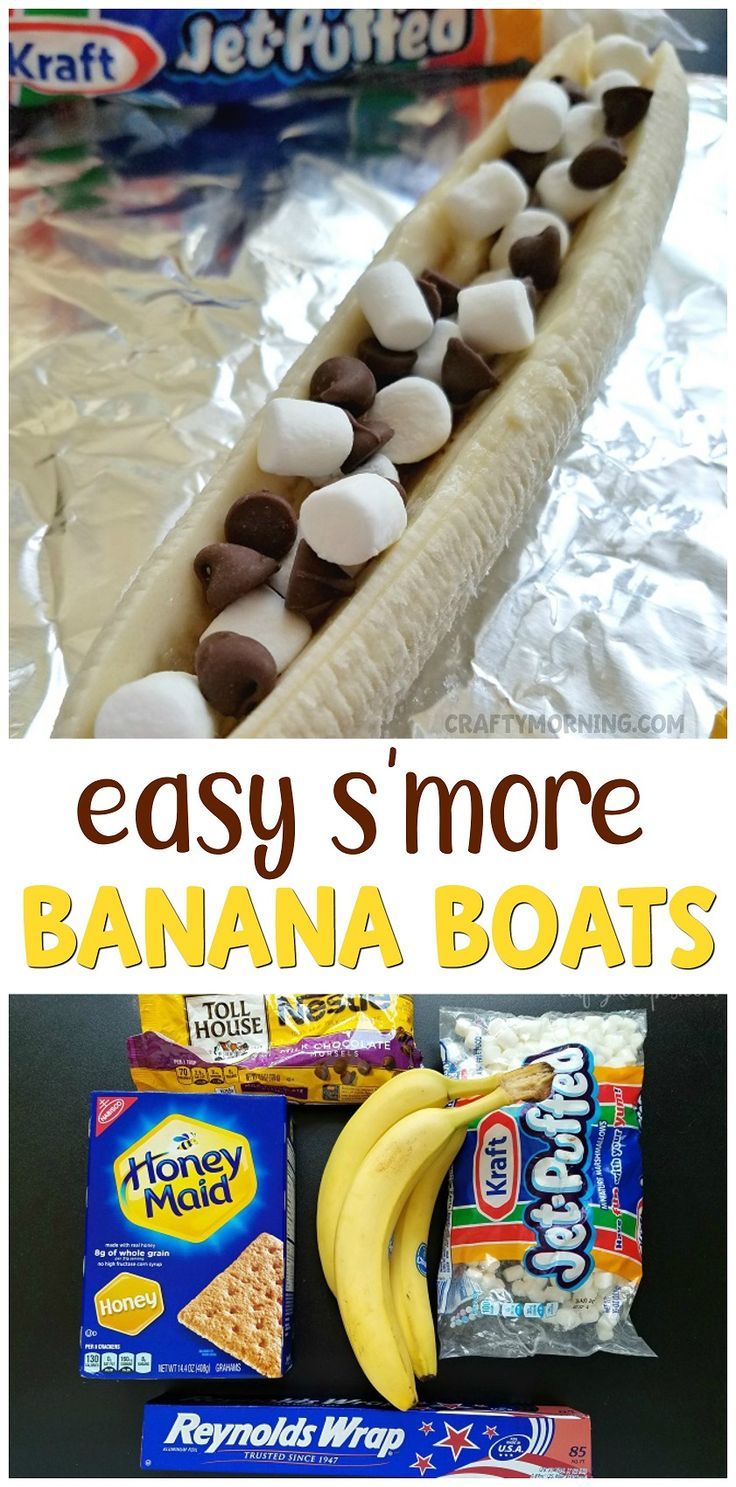 bananas, marshmallows, and s'mores on a banana boat