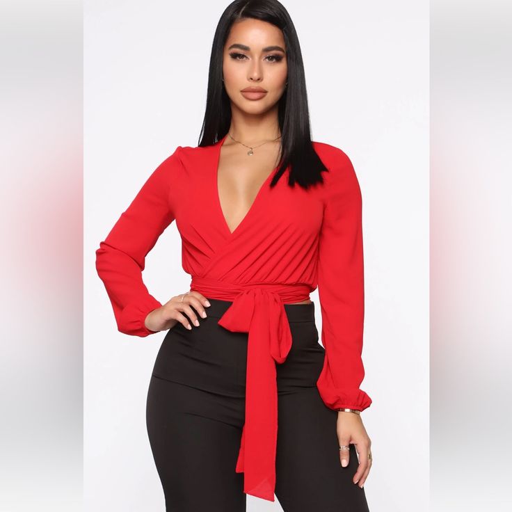 New With Tag Fashion Nova Versatile Red Wrap Blouse. Size Small Elegant Red V-neck Blouse, Red Long Sleeve Office Top, Red Long Sleeve Top For Office, Red Office Tops For Fall, Red Fall Office Tops, Red Fall Office Top, Trendy Red Office Blouse, Solid V-neck Blouse For Date Night, Solid Color V-neck Blouse For Date Night