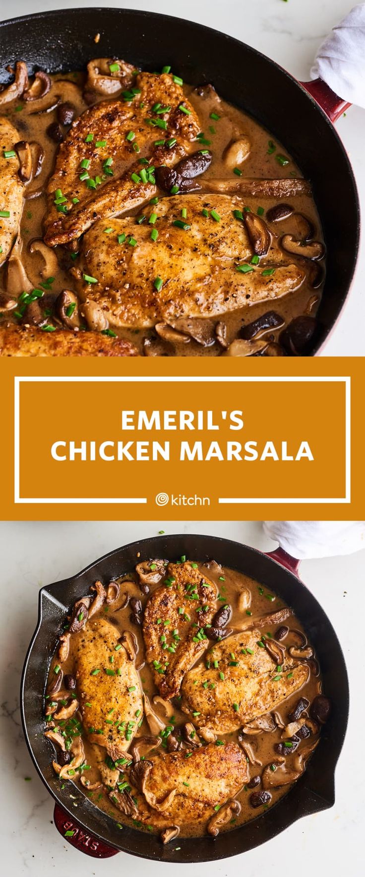 chicken marsala in a skillet with mushrooms and parsley on the side text reads, emeril's chicken marsala