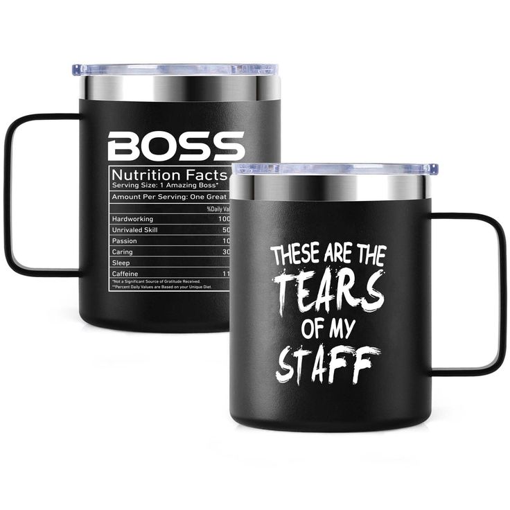 two black coffee mugs with the words boss and their names in white on them