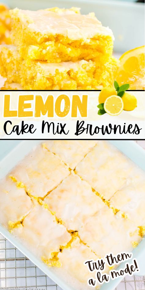 Two image collage of close up image of lemon brownies and an image showing the lemon cake mix brownies in the baking dish. Easy Lemon Cake Mix Recipes, Easy Dessert With White Cake Mix Boxes, White Cake Mix Brownies, Lemon Cake Box Mix Ideas, Lemon Cake Brownies, Easy Desserts Made With Cake Mixes, Cake Mix Brownies Easy, Recipe Using Lemon Box Cake, Lemon Cake Mix Ideas