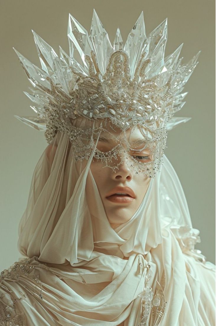 a woman wearing a veil and headdress with crystal decorations on her face, in front of a white background