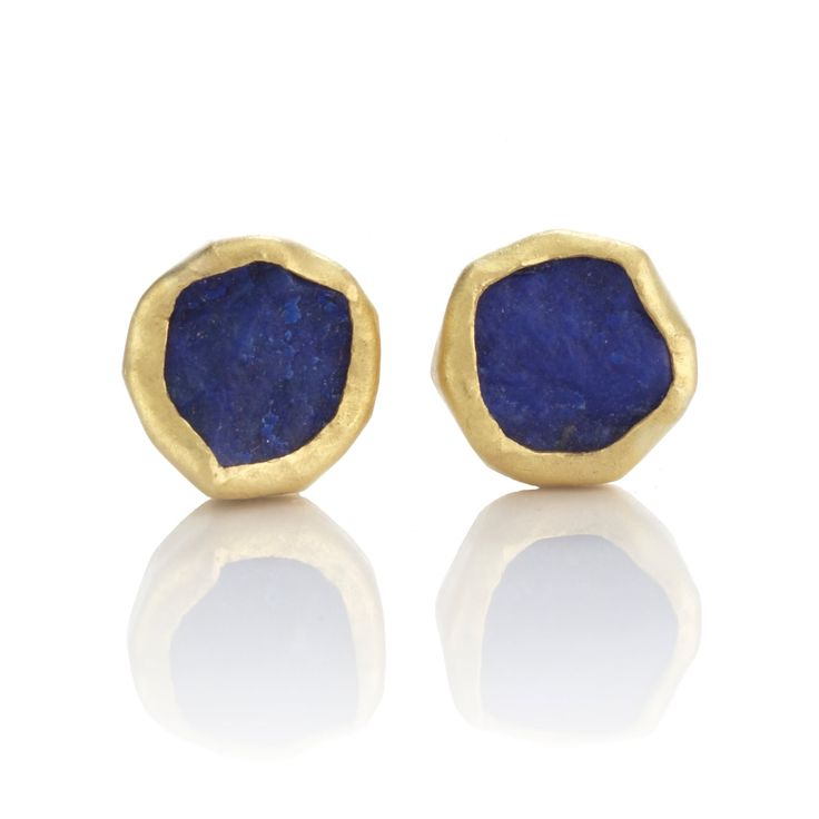 A native of Germany now based in San Francisco, Petra Class has been handcrafting sculptural, contemporary jewelry for over 25 years. The esteemed jeweler is known for transforming semi-precious gemstones and textured metals into wearable works of art. Lapis. 18- and 22-karat yellow gold. 1/4" diam. Pierced only. Artisan Hammered Yellow Gold Earrings, Hammered Round Fusion Jewelry, Artisan Yellow Gold Hammered Earrings, Fusion Style Hammered Round Jewelry, Round Hammered Fusion Jewelry, Artisan Polished Earrings For Gift, Hammered Freeform Jewelry As A Gift, Hammered Freeform Jewelry For Gifts, Artisan Yellow Gold Hand Forged Earrings