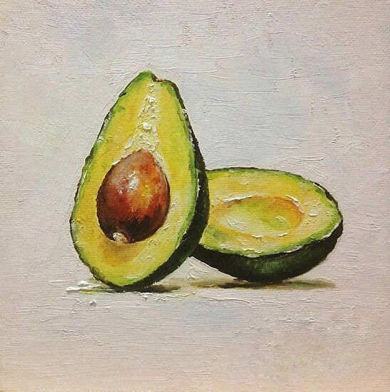 an oil painting of two avocados with one cut in half on a white surface