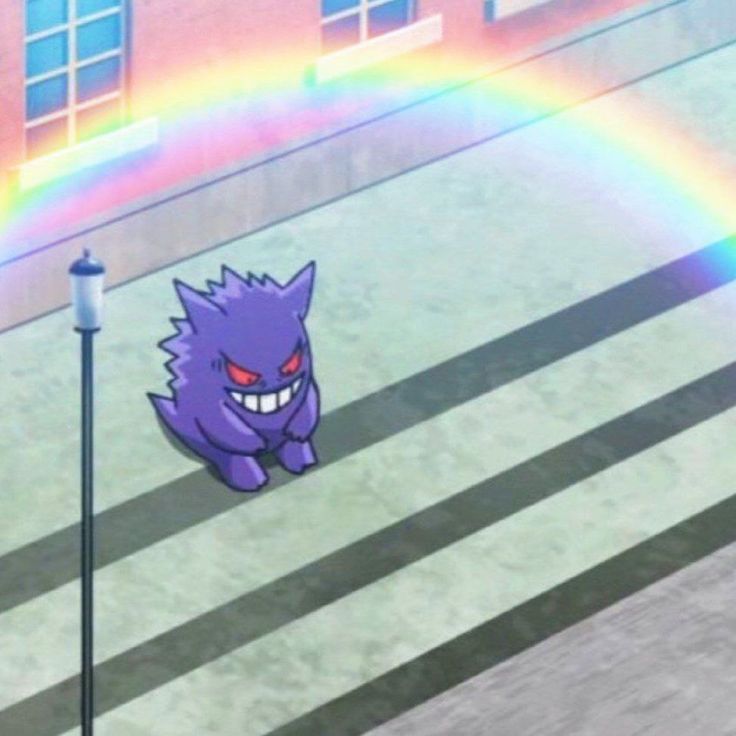 a cartoon character walking across a street under a rainbow