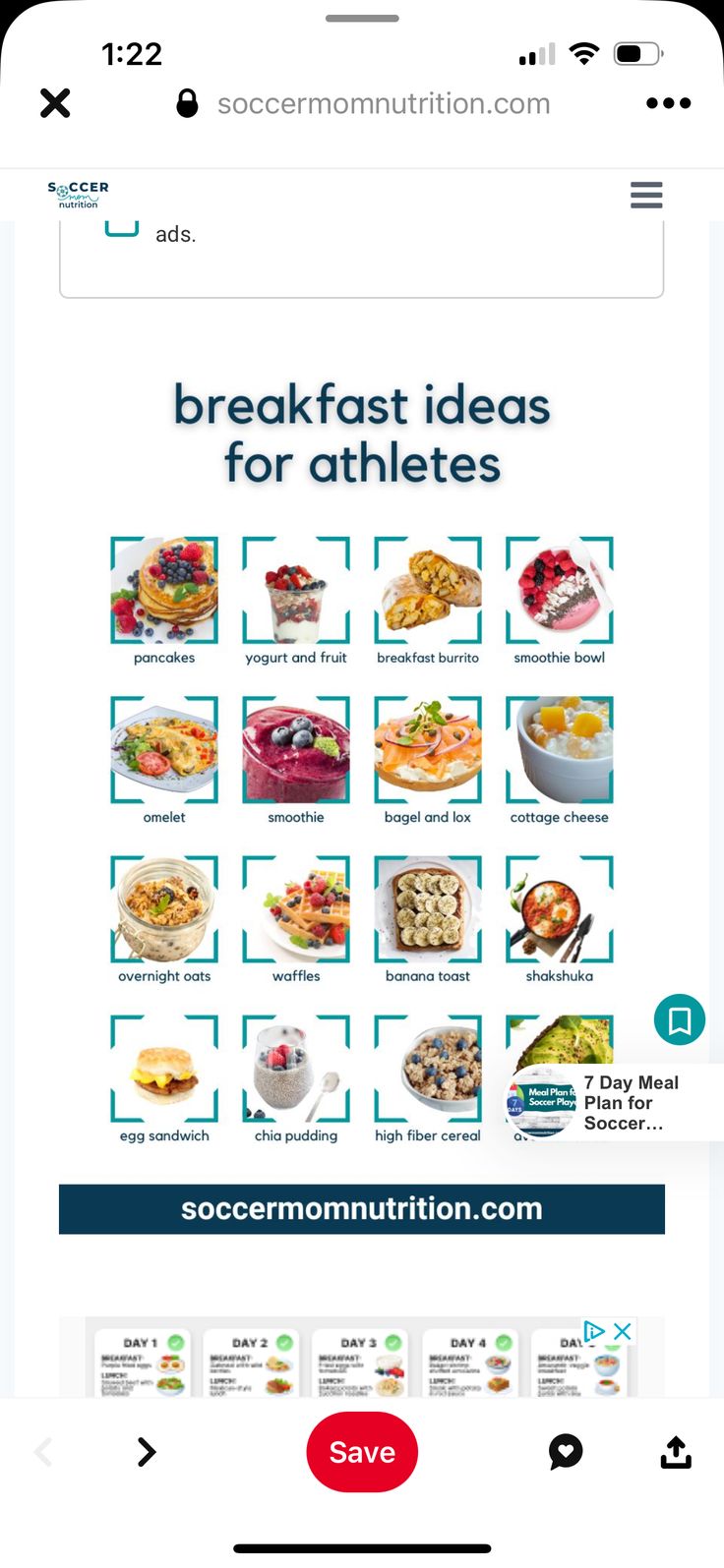 the screen is showing an image of breakfast ideas for athletes, including cereals and other foods