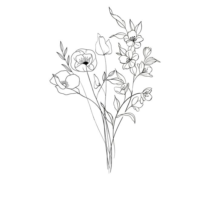 a black and white drawing of flowers on a white background