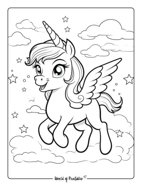 a coloring page with an image of a pony flying in the sky and stars around it