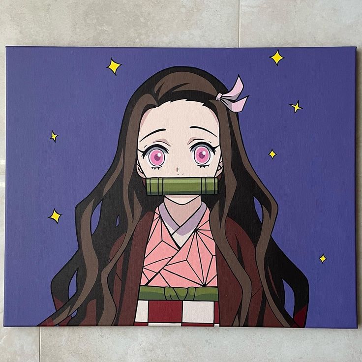 a painting of a girl with long hair and pink eyes is featured on a purple background