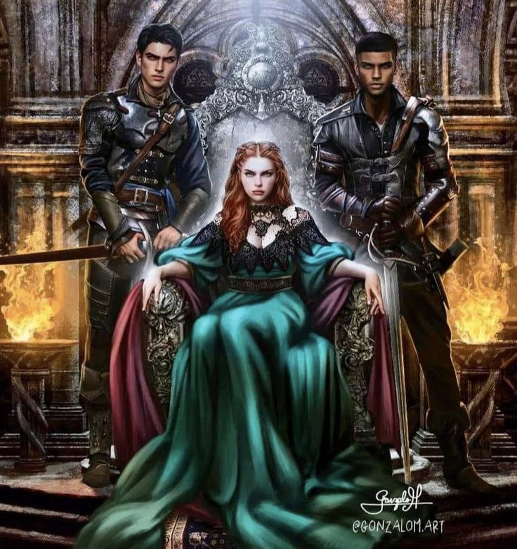 a woman sitting on top of a chair next to two men in medieval clothing and holding swords