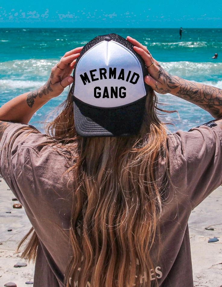 Mermaid Gang Hat - $24 Choose your color: Solid colors- neon orange, hot pink, light pink, neon purple, electric blue, neon yellow, solid black Black with white TAT: 7-14 business days Black Snapback Hat For Summer Festival, Trendy Party Hats For Beach Season, Summer Beach Snapback Hat With Brim, Black Summer Hats For Music Festival, Summer Beach Brimmed Snapback Hat, Black Summer Music Festival Hats, Black Hats For Summer Music Festival, Trendy Beach Bucket Hat, Trendy Snapback Hat For Beach Season