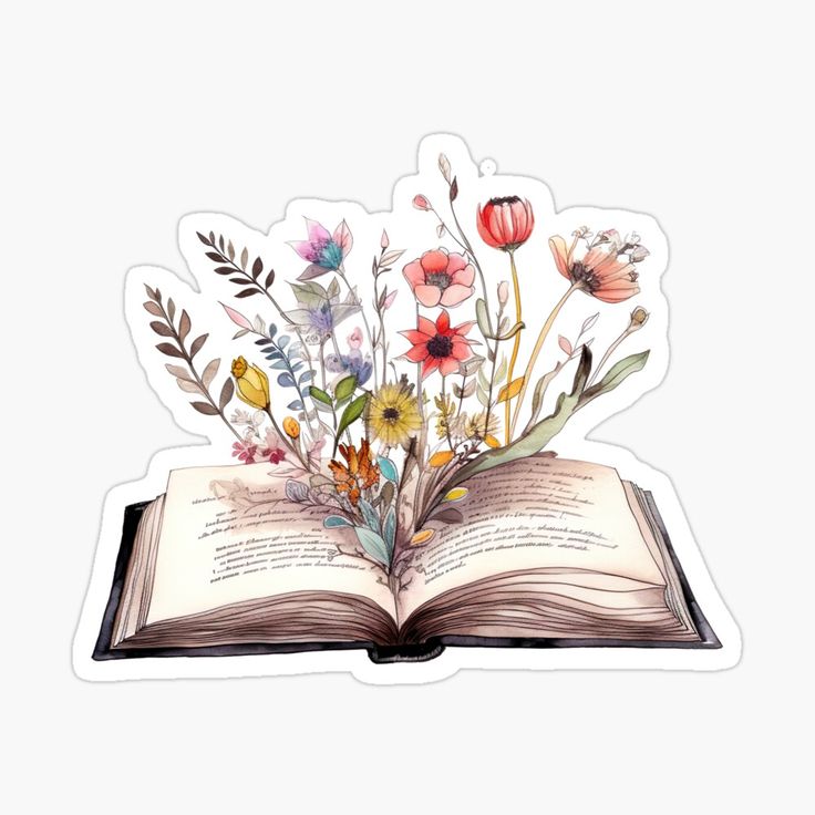 an open book with watercolor flowers and leaves on it's pages sticker