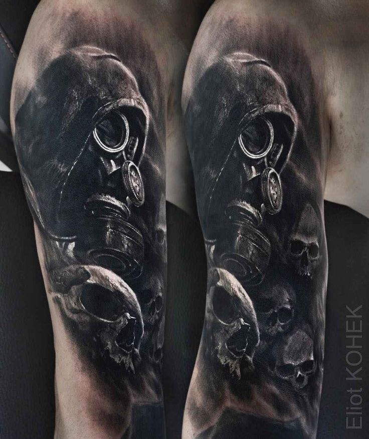 a man's leg with a gas mask and skull tattoo on his arm,