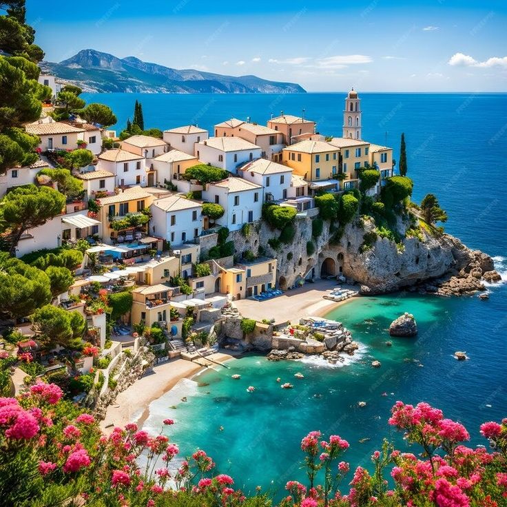 an island with many houses on top of it near the water and pink flowers in front of