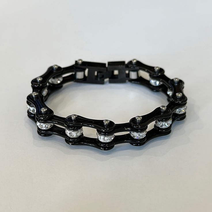 Black Bike Chain Bracelet With Clear Stones. No Flaws Or Signs Of Wear. Measurements Are Shown In Photos. Metal Is Stainless Steel. Modern Black Metal Chain Bracelet, Modern Black Chain Bracelets, Adjustable Black Chain Link Jewelry, Black Chain Link Bracelets For Everyday, Trendy Black Metal Chain Bracelet, Everyday Black Chain Bracelets, Everyday Black Chain Bracelet, Black Adjustable Chain Link Bracelet, Black Stainless Steel Bracelet With Adjustable Chain