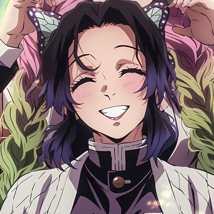 an anime character with black hair and butterfly wings on her head, smiling at the camera