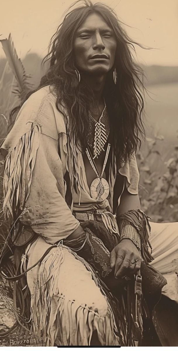 an old photo of a native american man with long hair sitting on the ground and looking at the camera