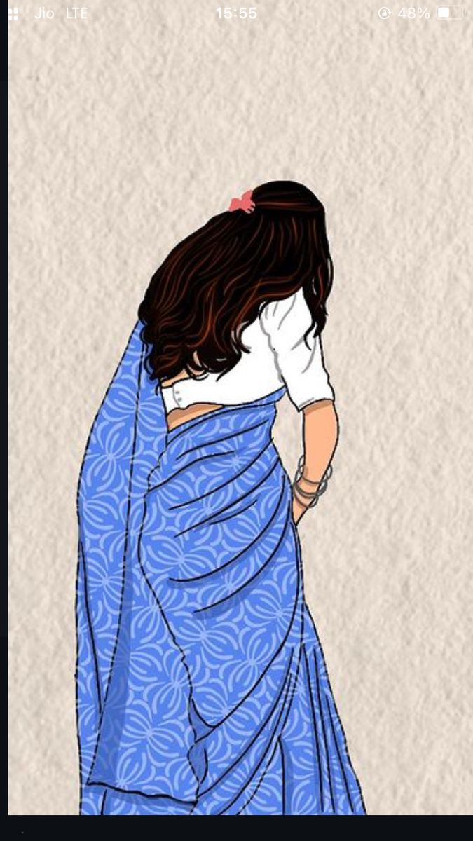 a drawing of a woman wearing a blue sari and holding her head in her hands