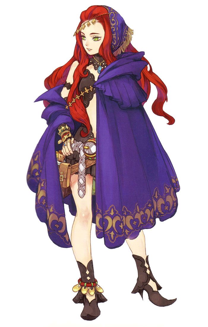 an anime character with red hair wearing a purple dress