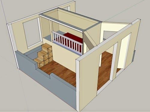 a drawing of a small house with stairs leading up to the second floor and another room on the other side