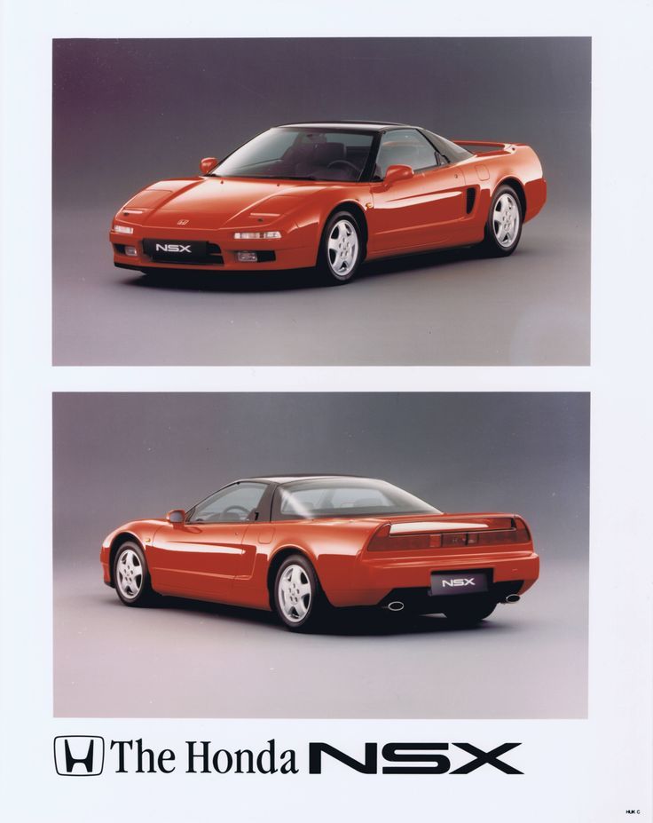 an advertisement for the honda nsx sports car, with two pictures of it's front and side views