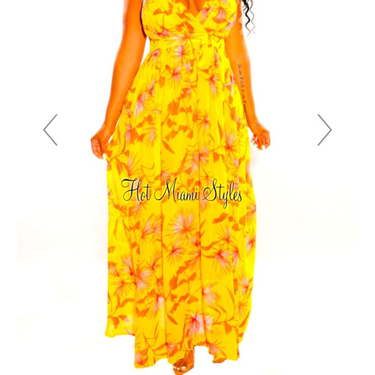 Beautiful Summery Dress, Full Length With Cross Cross Back. Brand New Never Worn With Tags Still On. Yellow Dresses For Vacation, Yellow Floral Print Sundress For Party, Yellow Summer Dresses For Beach Season, Yellow Maxi Length Sundress For Beach, Yellow Sleeveless Maxi Dress For Vacation, Yellow Maxi Dress For Brunch, Yellow Summer Vacation Sundress, Yellow Floral Print Maxi Dress For Vacation, Yellow Floral Print Maxi Dress For Beach Season